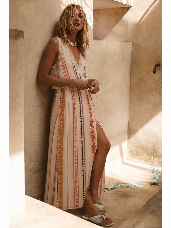 Astr Dresses & Skirts - ASTR The Label Sheer Lace Trim Flowing Boho Striped Maxi Dress Size M